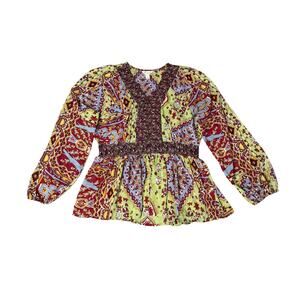 Cato Boho Sheer Colorful Beaded Balloon Long Sleeve Peplum Shirt Size Large Chic
